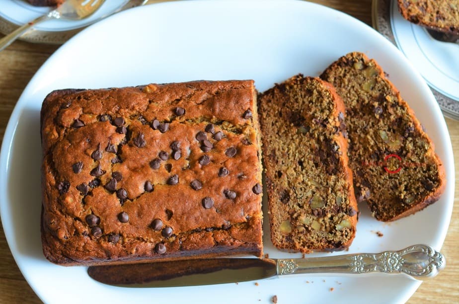 Sliced banana bread on a plate.