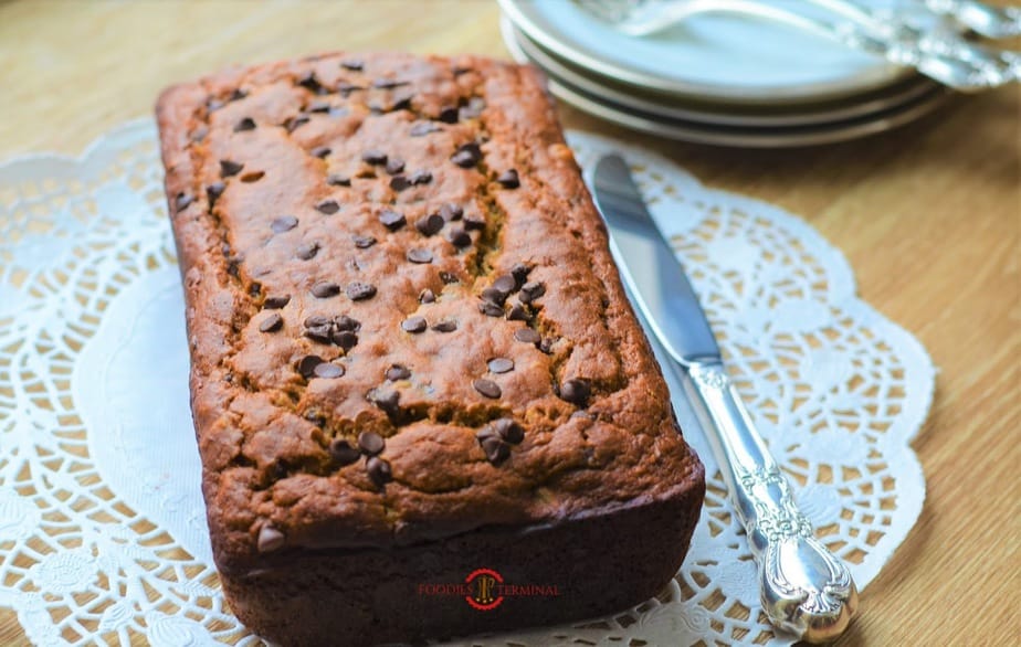 Baked banana bread over a board.