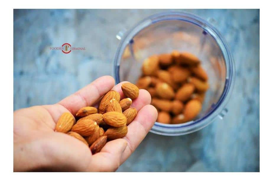 Almonds ready to be ground in mixer jar