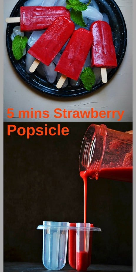 Collage of strawberry popsicles recipe showing the method of prep