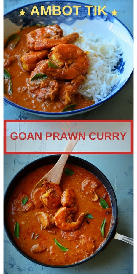 Goan Prawn Curry in the pan and served with rice.