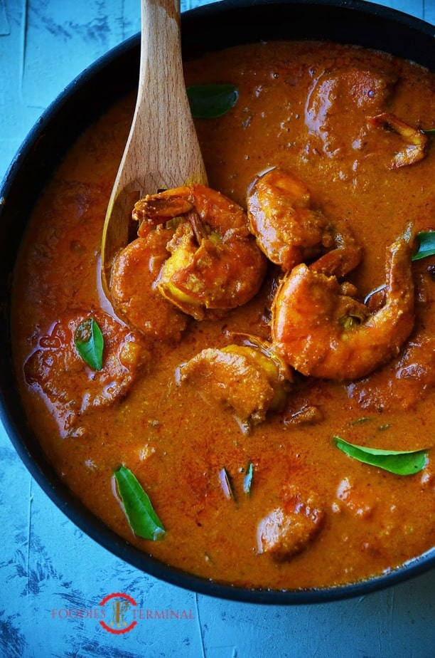 Goan Prawn curry decorated with curry leaves