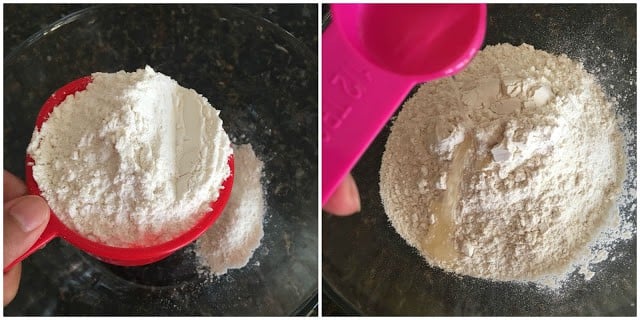 Two process image shots placed together. Left hand side is image of pouring the flour in bowl. Right hand side image is of pouring oil on the flour.
