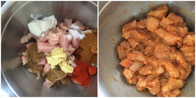 All marinade ingredients with cubed chicken in a bowl and well mixed together.