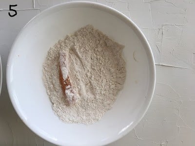 Fish stick coated with flour.