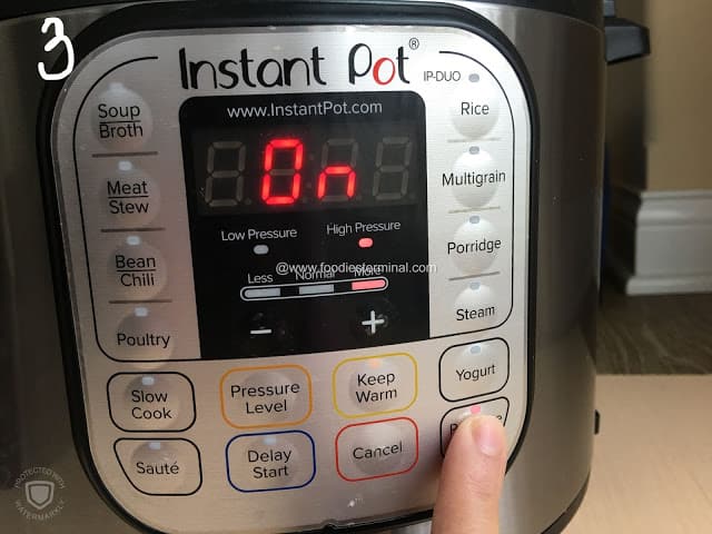 Instant Pot being set to pressure cook mode to prepare Bengali ghugni recipe