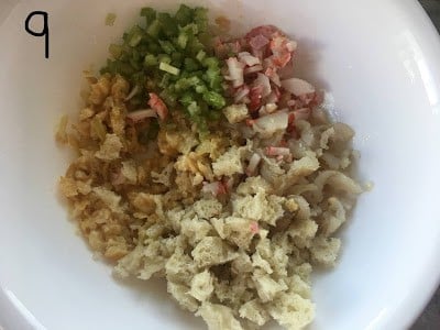 Chopped crab meat, bread, celery & fish.