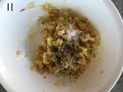 Egg mixed with chopped crab meat, bread, celery & fish.