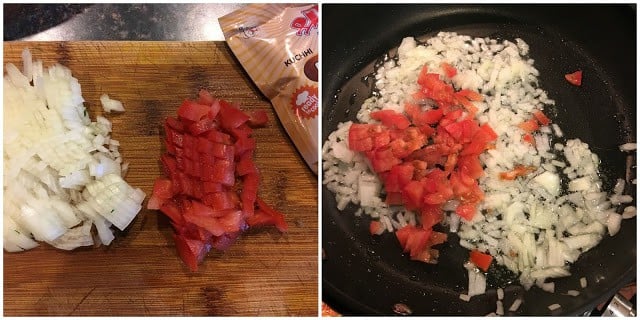 Chopped onion and tomatoes with oil in a pan.