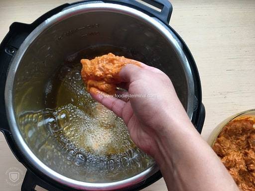 Frying marinated chicken in Instant Pot for the chicken 65 recipe