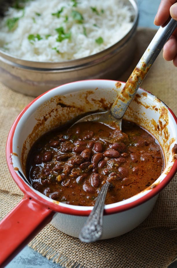 Instant Pot Rajma chawal recipe served in a red handled saucepan