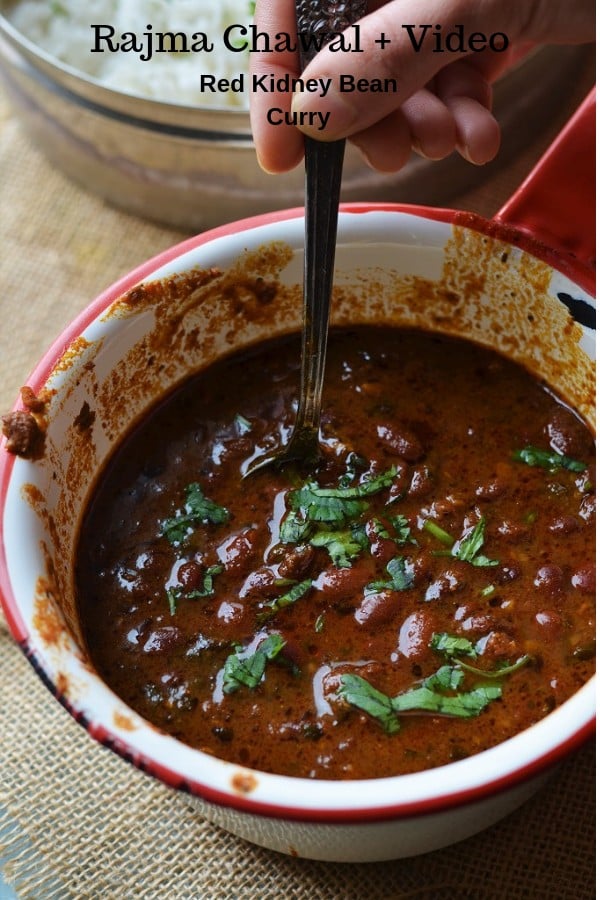 Instant Pot Rajma masala served in a red rimmed white saucepan