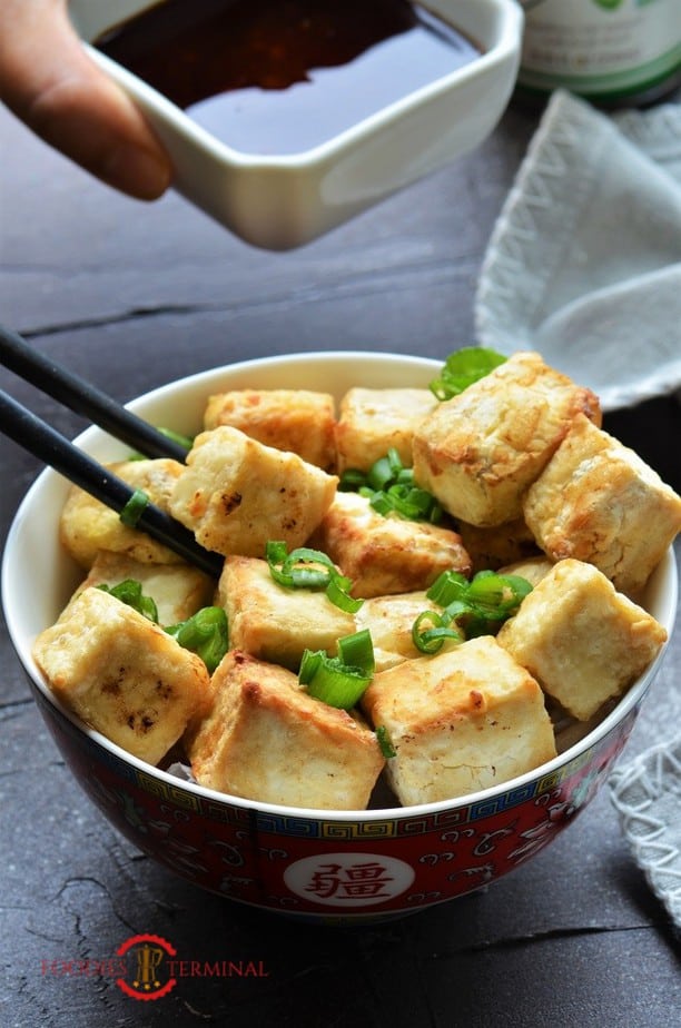 Air Fried tofu garnished with scallions