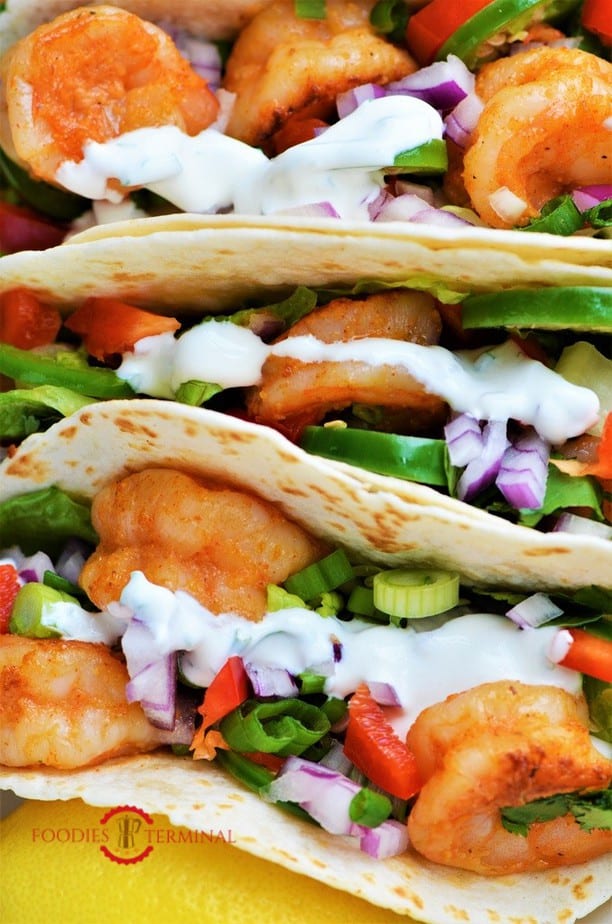 Delicious Shrimp Tacos stacked together