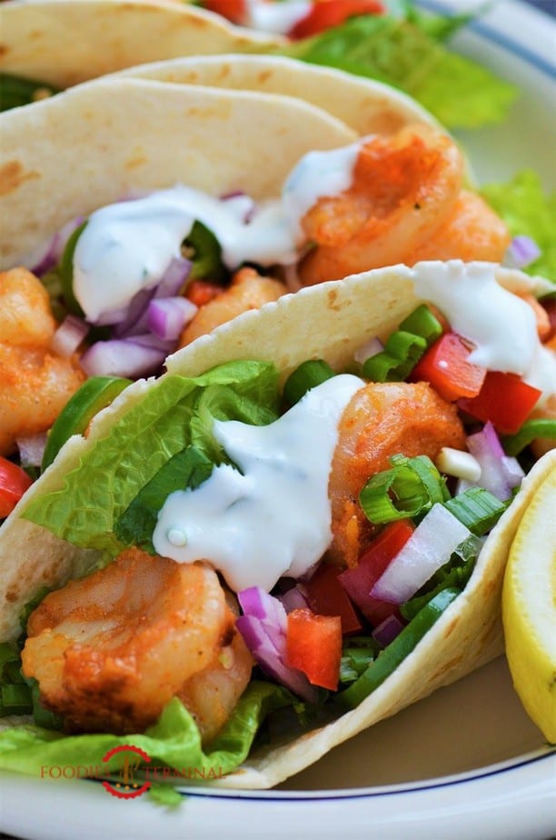 Shrimp taco with sour cream dill sauce