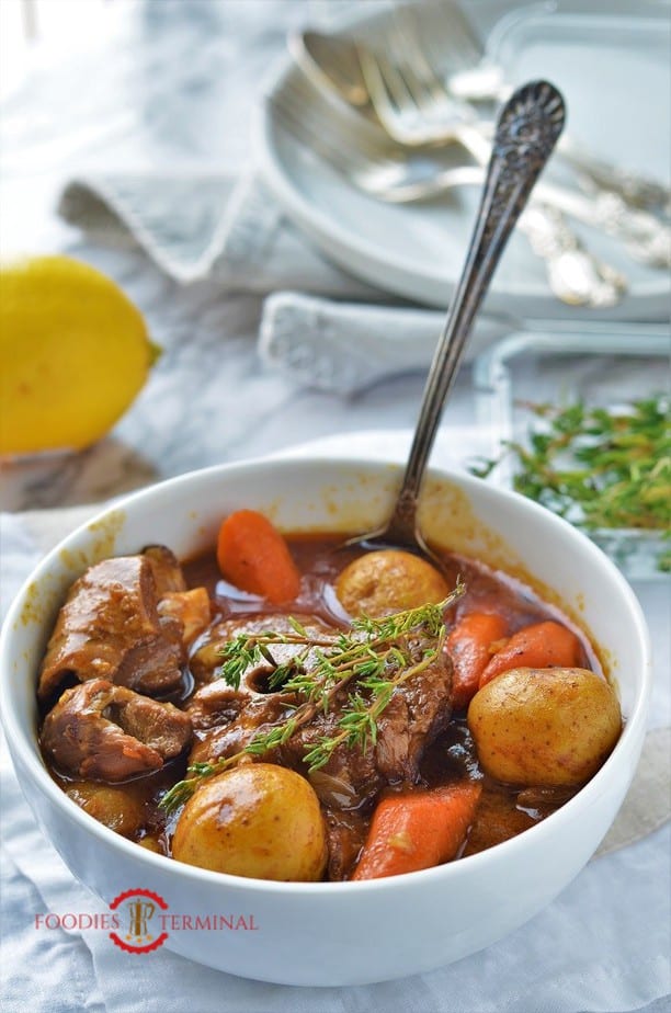 Instant Pot Lamb stew recipe served in a white bowl