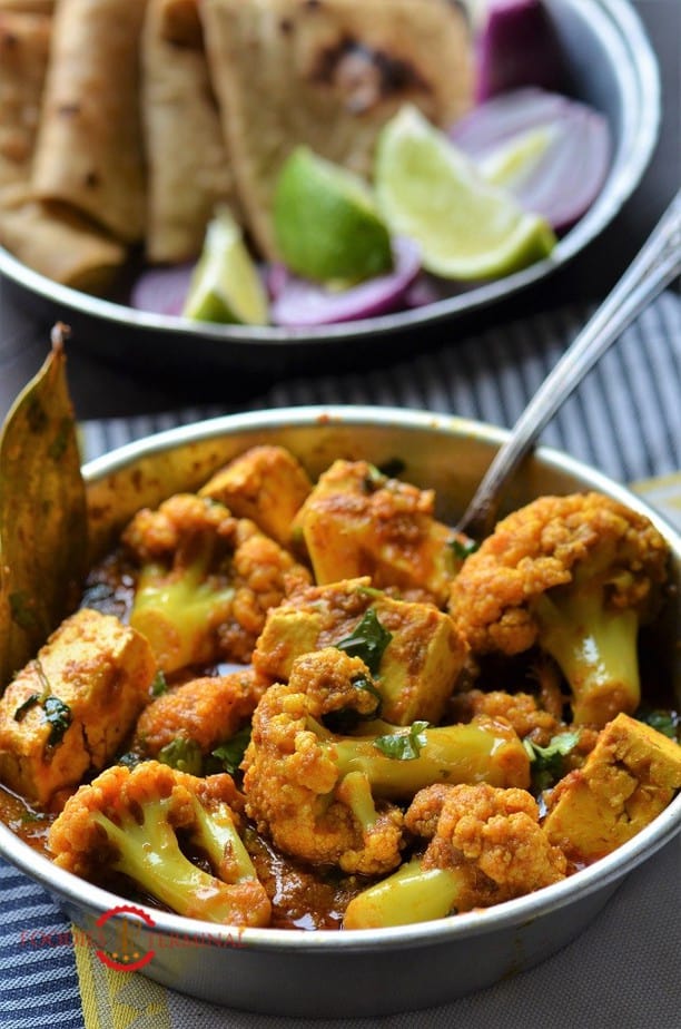 Cauliflower Paneer curry served with rotis