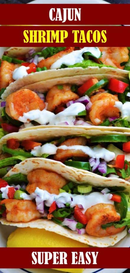 Shrimp tacos served with lemon wedge