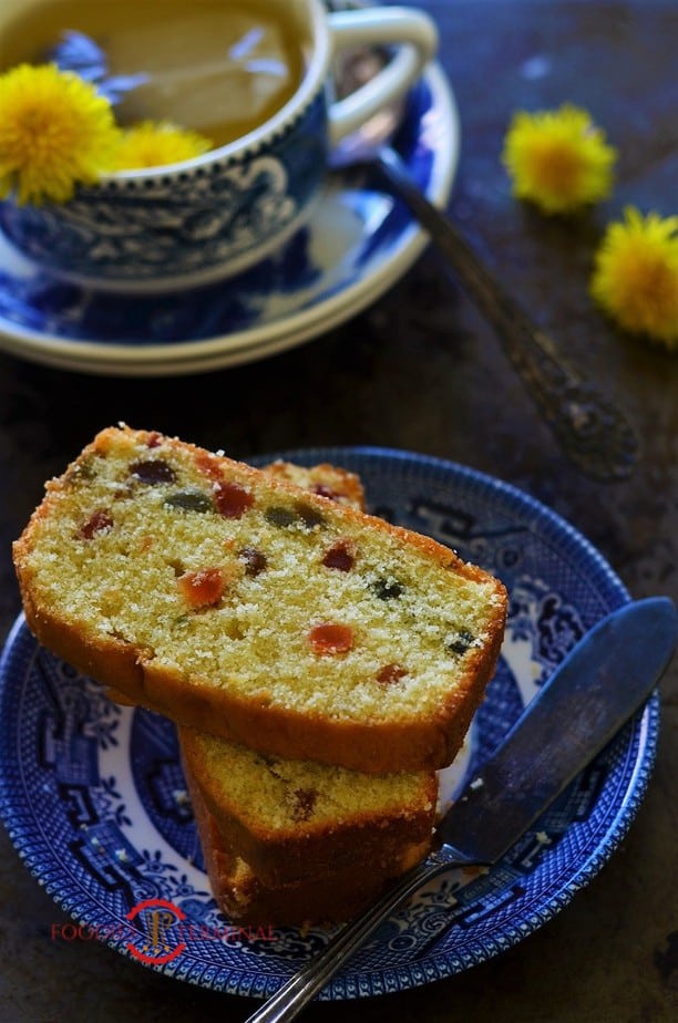 Tutti Frutti cake on a blue plate