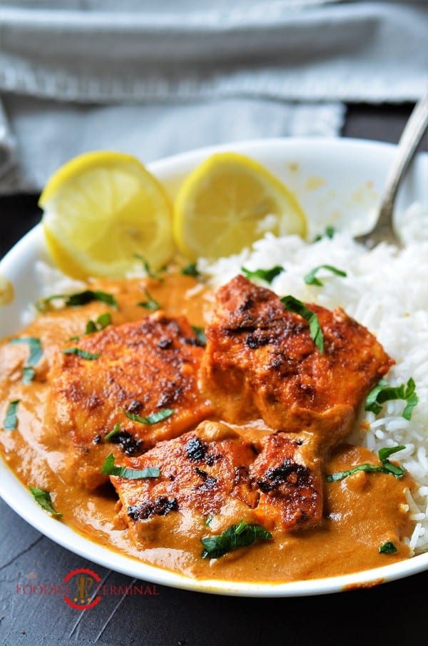 Salmon tikka masala recipe served with basmatic rice