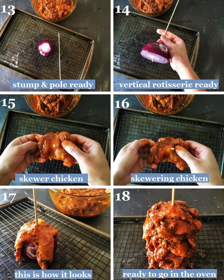Skewering marinated chicken gyro meat