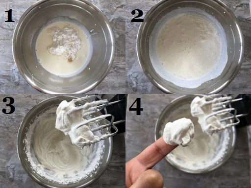 Whipping the cream with sugar until stiff peaks