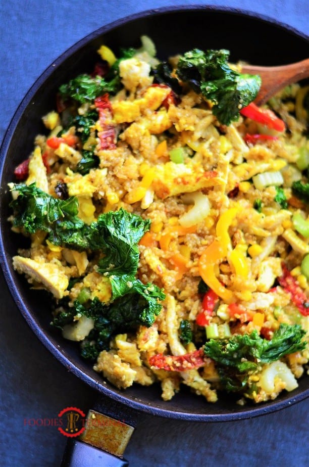 Quinoa salad on a black skillet