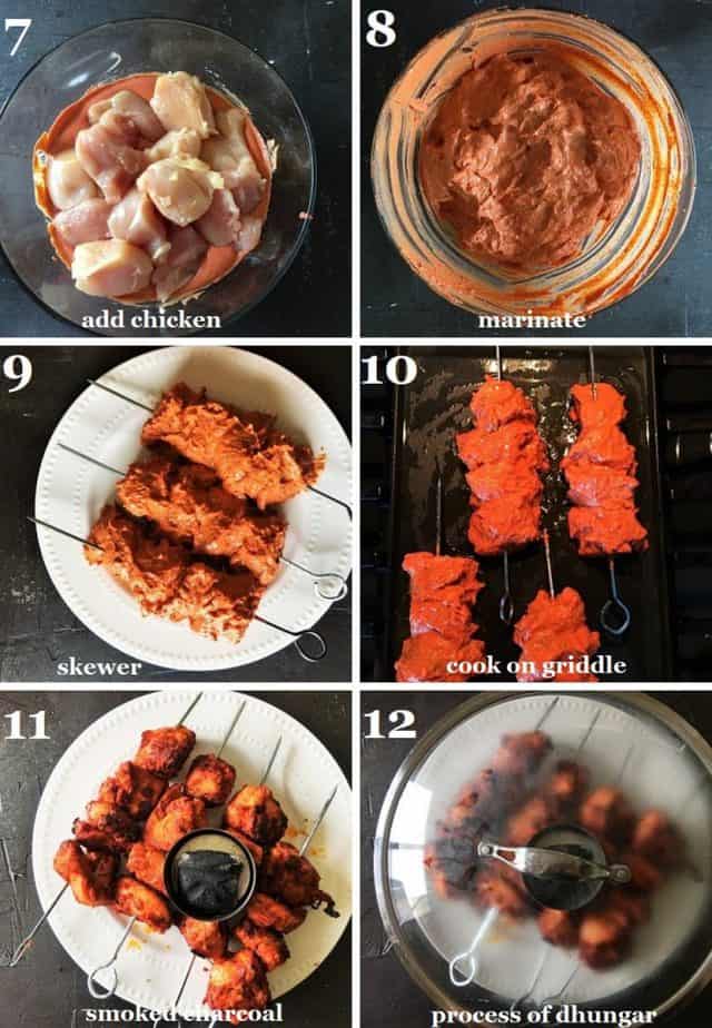 step by step pictures showing how to cook & dhungar chicken boti kabab