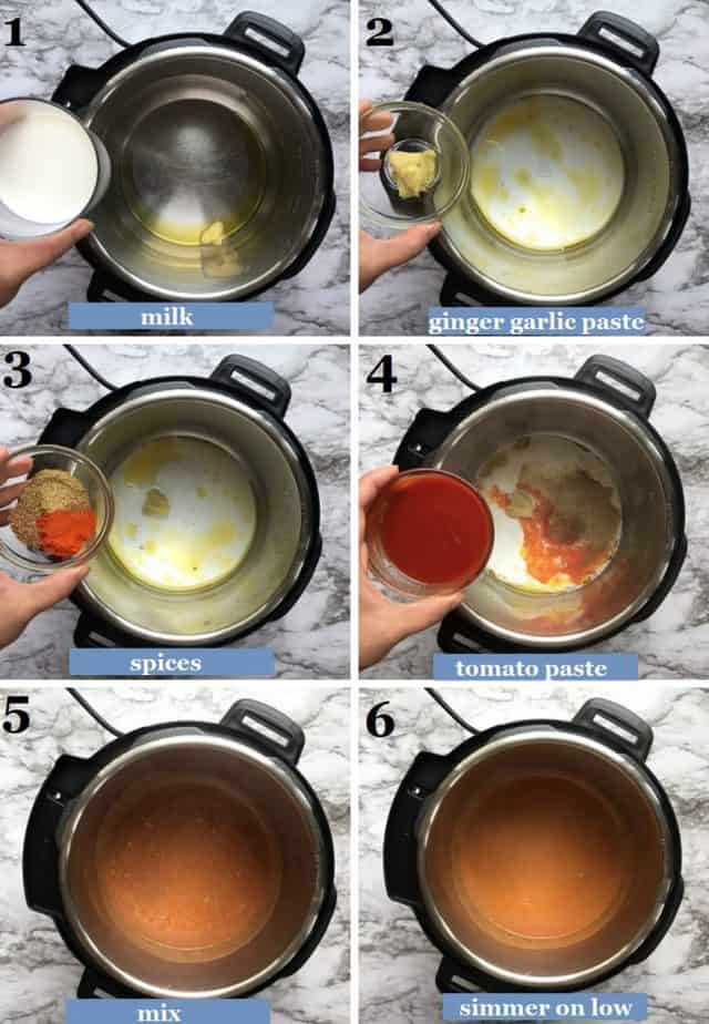 Steps showing how to prep & simmer the sauce in an Instant Pot