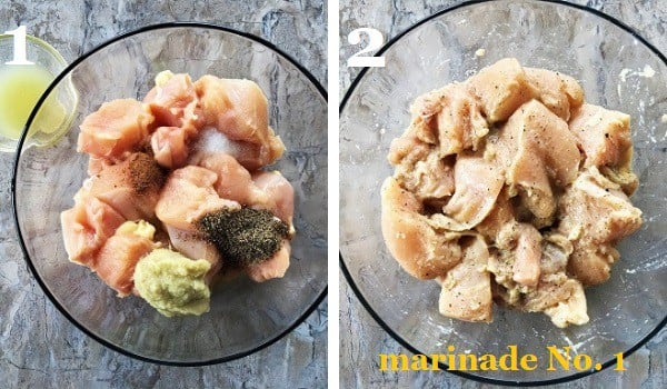 chicken kabab pieces being marinated in a transparent glass bowl