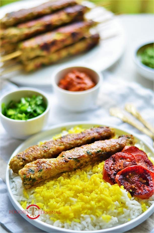 chicken seekh kabab served with rice & roasted tomato wedges