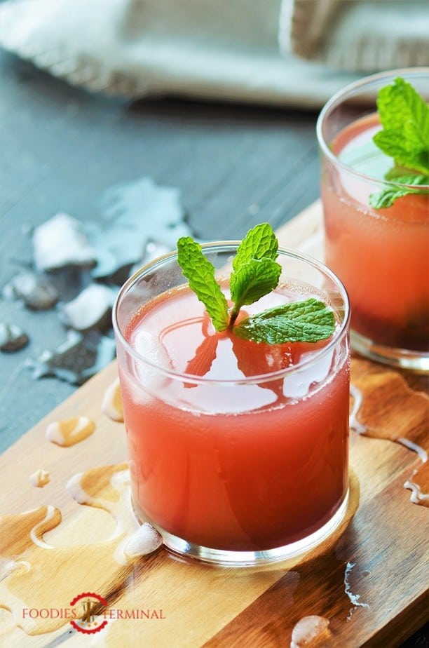 Kokum Shatbat or Kokum juice in glasses garnished with mint leaves