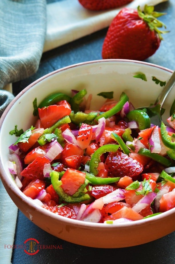 Spicy Strawberry Salsa made with jalapenos, onion & strawberries