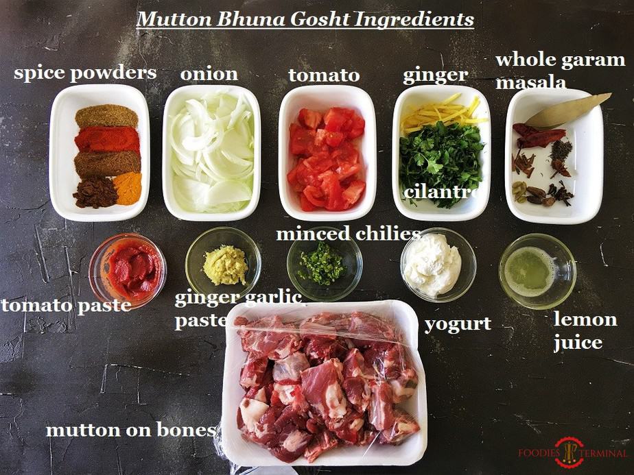 Instant Pot Mutton Bhuna ingredients on a black board