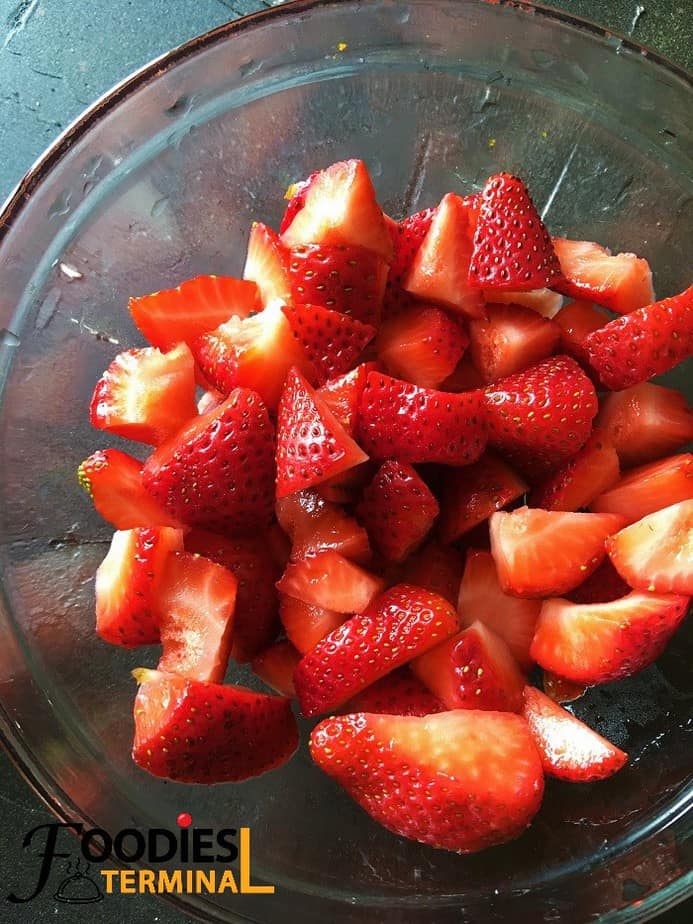 Juicy red diced strawberries ready to make lassi