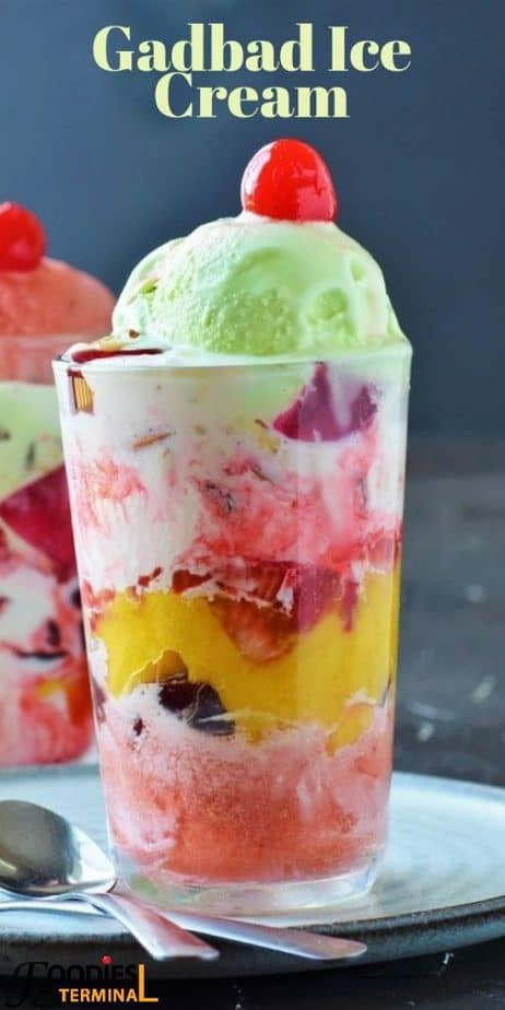 Gadbad ice cream with tutti Frutti vanilla layer in glass