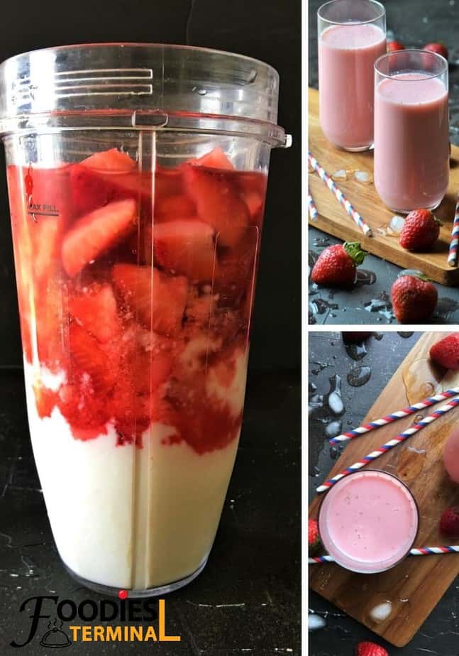 Steps showing how to make strawberry lassi at home