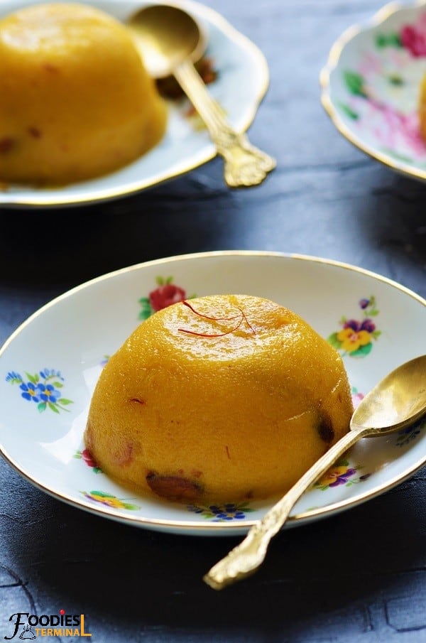 Mango Sheera with sooji & mango pulp on antique plates