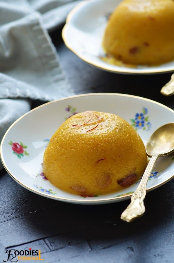 Semolina Pudding Mango kesari on vintage plates