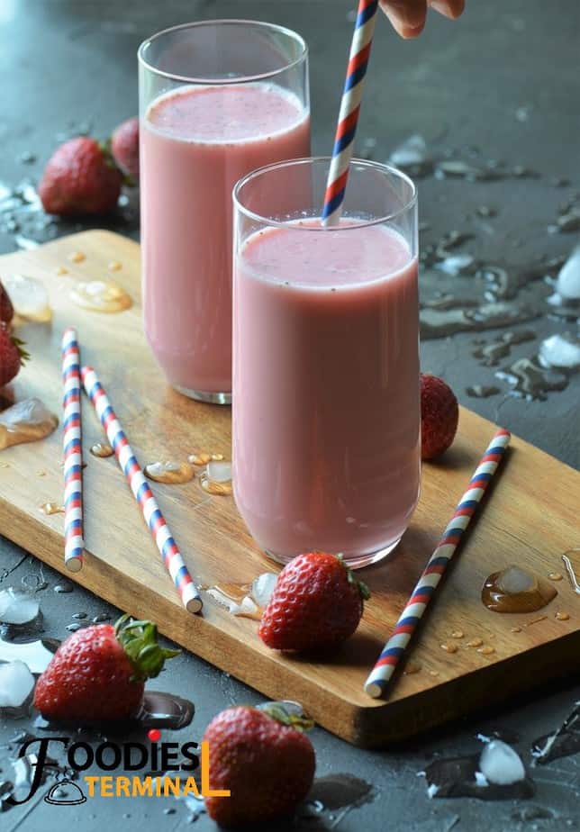 Strawberry lassi pink color served in glasses