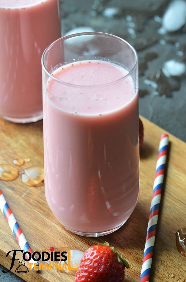 Strawberry Lassi Indian style in a tall glass