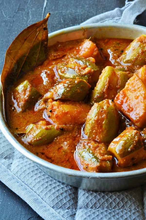 Aloo Parwal ki sabzi in gravy form on a plate