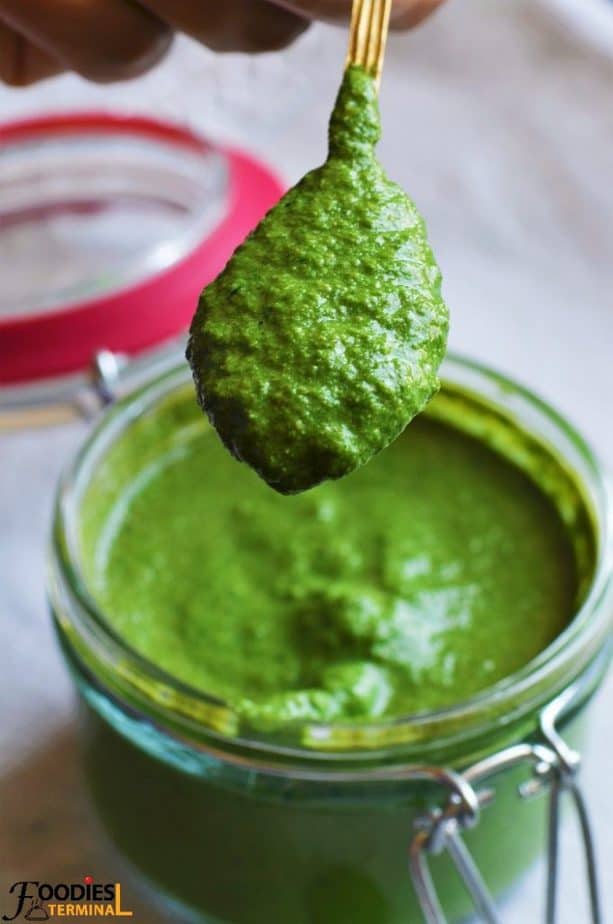 Mint coriander chutney scooped out with a spoon