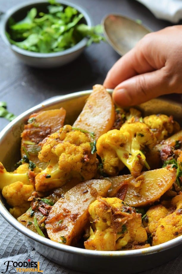 Indian restaurant style aloo gobi in a plate