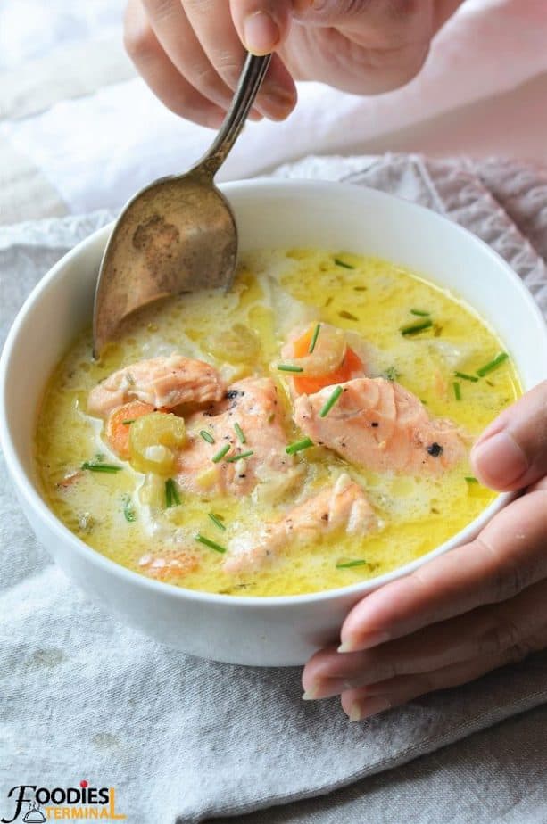 Salmon Chowder recipe Seattle style being enjoyed from a bowl