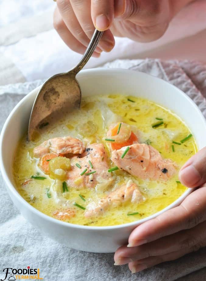 Alaskan Salmon Chowder in a white bowl 