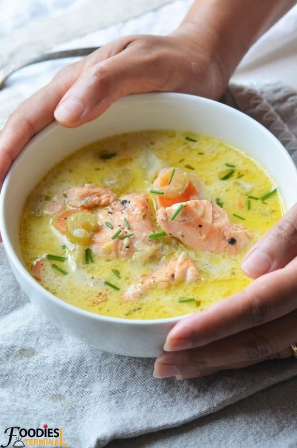 Alaskan Salmon Chowder in porcelain bowl