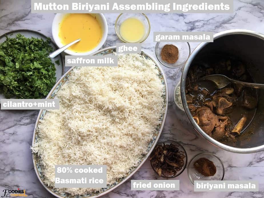 Ingredients required to assemble a traditional mutton biryani