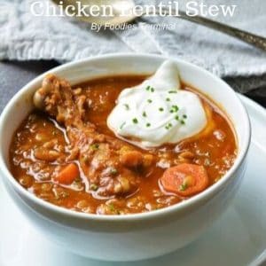 Chicken Lentil stew in a white bowl