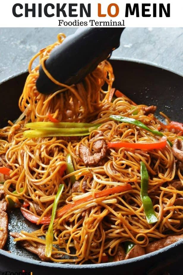 Easy Chicken Lo Mein recipe in a black non stick skillet